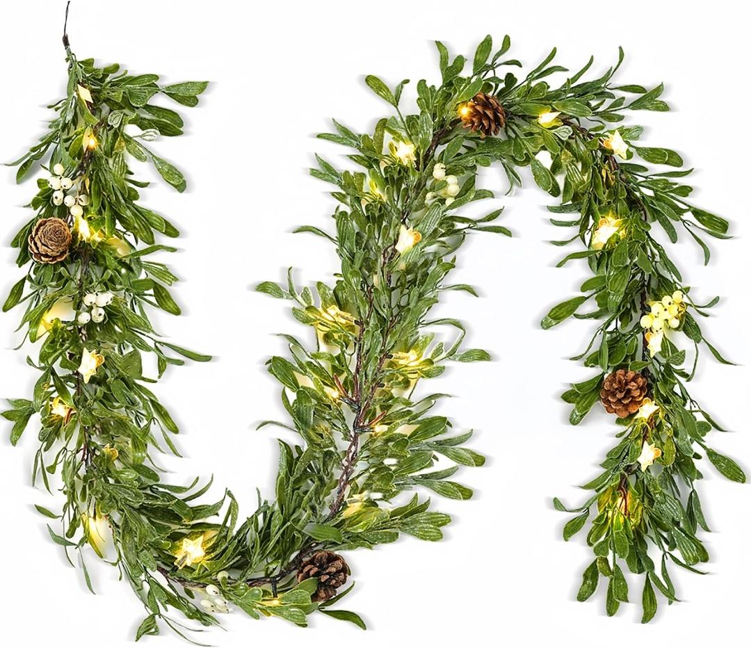 6FT Lighted Garland Christmas with Timer, Faux Cedar Garland Realistic with Berry Pinecone,Xmas Vines for Fireplace Indoor Outdoor Winter Decor