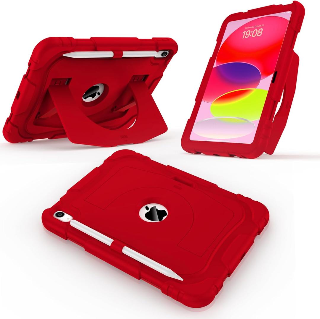 CCMAO Case for New iPad (A16) 11 Inch 2025, iPad 10th Gen 10.9 Inch 2022, with Portable Handle Kickstand and Pencil Holder, Heavy Duty Shockproof Rugged Protective Case for iPad 11/10 Gen, Red (Solid Color)