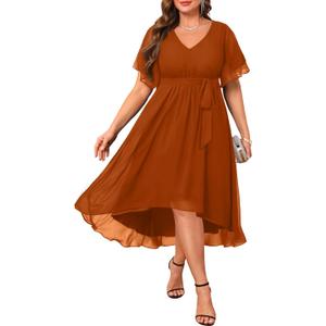 Talisea Plus Size Dresses Wedding Guest - Formal Cocktail Chiffon V Neck Short Sleeve High Low Dress Curvy Women (Brown, 22 Plus)