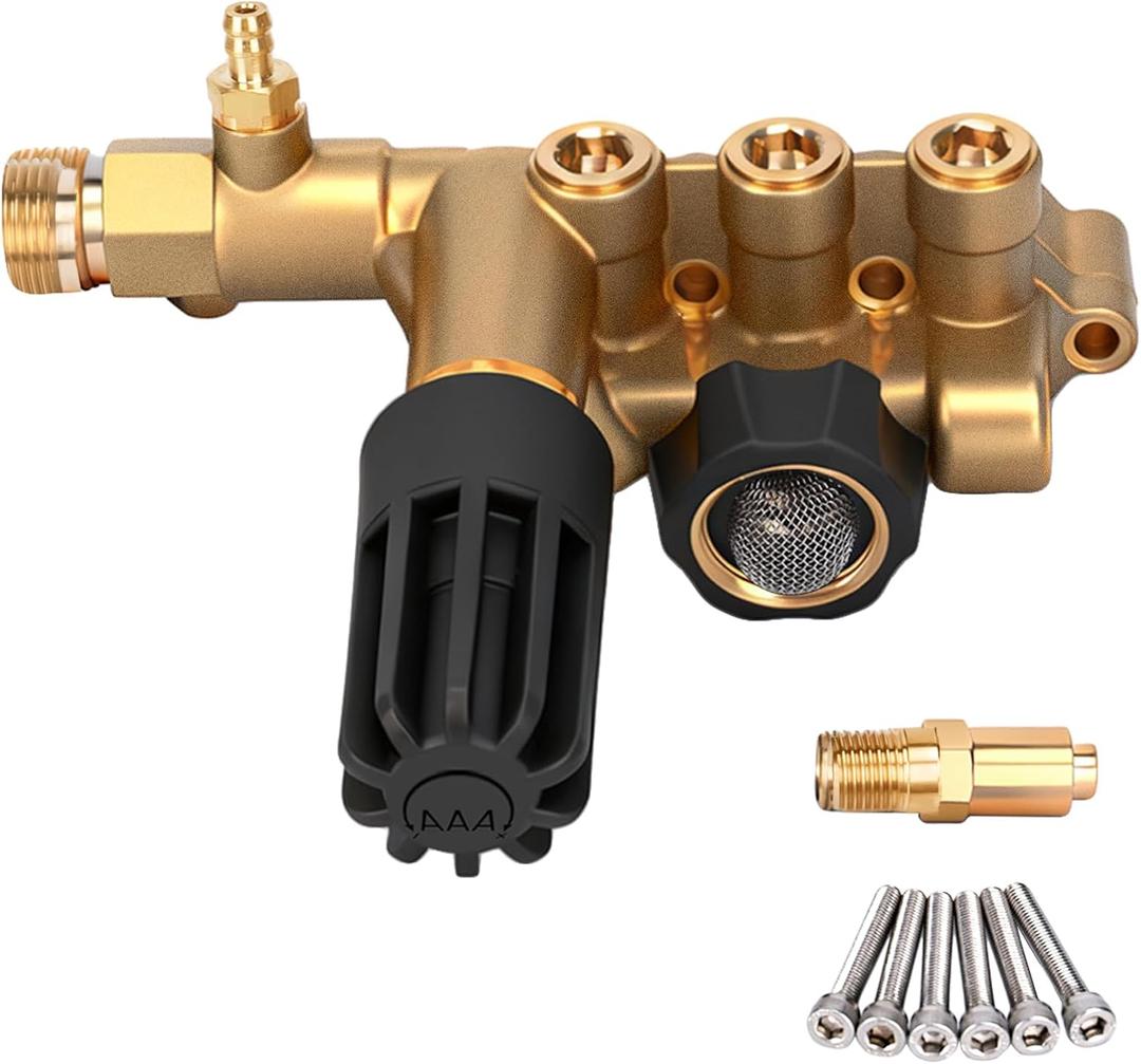 Premium 7108746 AAA Pump Manifold Replacement Kit for AAA Pressure Washer Pump Model Numbers 530008, 530009, 530016, Heavy Duty 7108746 Manifold Kit with Hardware, Gold - Easy to Install