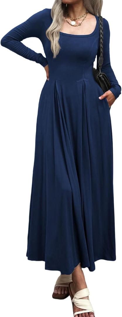 Women Long Sleeve Square Neck Maxi Dress A-Line Pleated Flowy Elegant Party Cocktail Winter Fall Dresses with Pockets (Medium)
