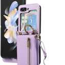 HAO RIYLN Flip Case for Samsung Galaxy Z Flip 6,Magnetic Closure Card Slot Phone Case with Detachable Crossbody Lanyard Strap Metal Loop Zipper Cover,Purple,Z Flip 6