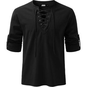 JOGAL Mens Renaissance Shirt Medieval Pirate Viking Halloween Costume Gothic Steampunk Retro Long Sleeve Lace Up Shirts (Large, Black)