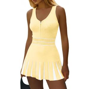 Fisoew Womens Tennis Mini Dress Summer Sleeveless Half Zipper Elastic Waist Athletic Workout Knit Pleated Dresses (Yellow, L)