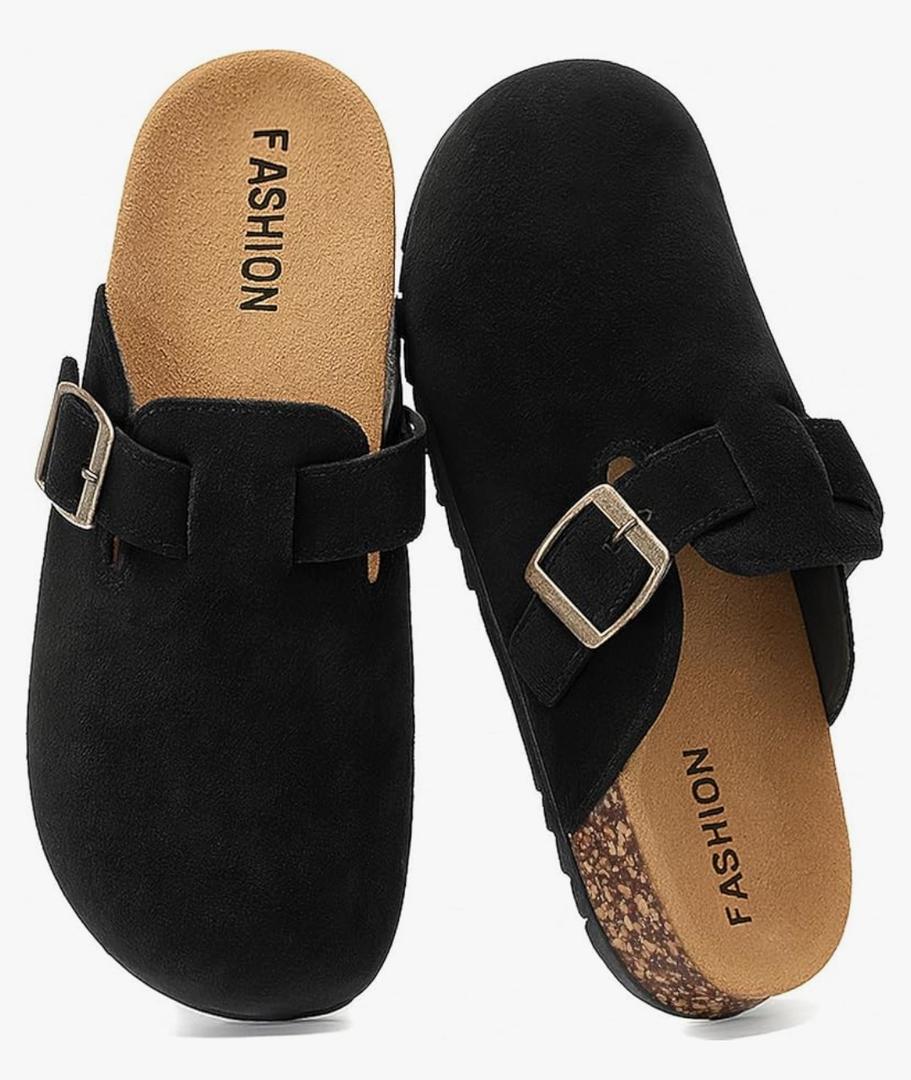 Women's Suede Clogs Mens Leather Mules Comfort Cork Footbed Antislip House Sandals Arch Support Potato Shoes with Adjustable Buckle 266MM
