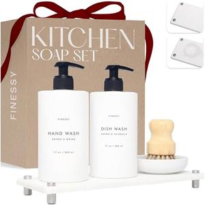 Luxe White Kitchen Soap Dispenser Set with Tray and Dish Brush, Refillable Hand and Dish Soap Dispenser Set Bottles with Pump for Lotion Handsoap Liquid Dishwashing Kitchen and Bathroom Countertop Set