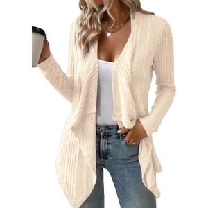 Women's Draped Open Front Lightweight Cardigan Tops Casual Long Sleeve Knit Outerwear Coffee Look (Medium, Beige)