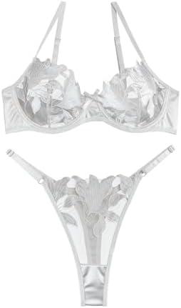 Lilosy Sexy Satin Mesh Floral Sheer Embroidered Underwire Lingerie Set 2 Piece Women( size XXS)