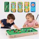 5 in 1 Tabletop Game Set for Kids Boys Girls, Wooden Mini Pool Table with Billiards, Bowling, Hockey, Curling & Sling Puck, Compact Multi Game Table for Home, Playroom, Family Game Night