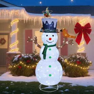 Hausse Lighted Christmas Snowman Decorations, 4.5FT Outdoor Pre-Lit White Collapsible Snowmen with Built-in Lights, Light Up Pop Up Xmas Yard Display, Plug in for Holiday New Year Winter Garden Yard