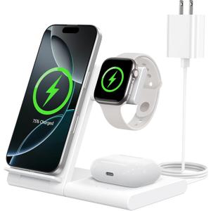 Charging Station for Multiple Devices Apple, Foldable 3 in 1 Wireless Charger for iPhone 16/15/14/13/12/Pro/Max/Plus, Apple Watch 10/9/Ultra/8/7/6/5/4/3/2/SE & AirPods 4/3/2/Pro (White)
