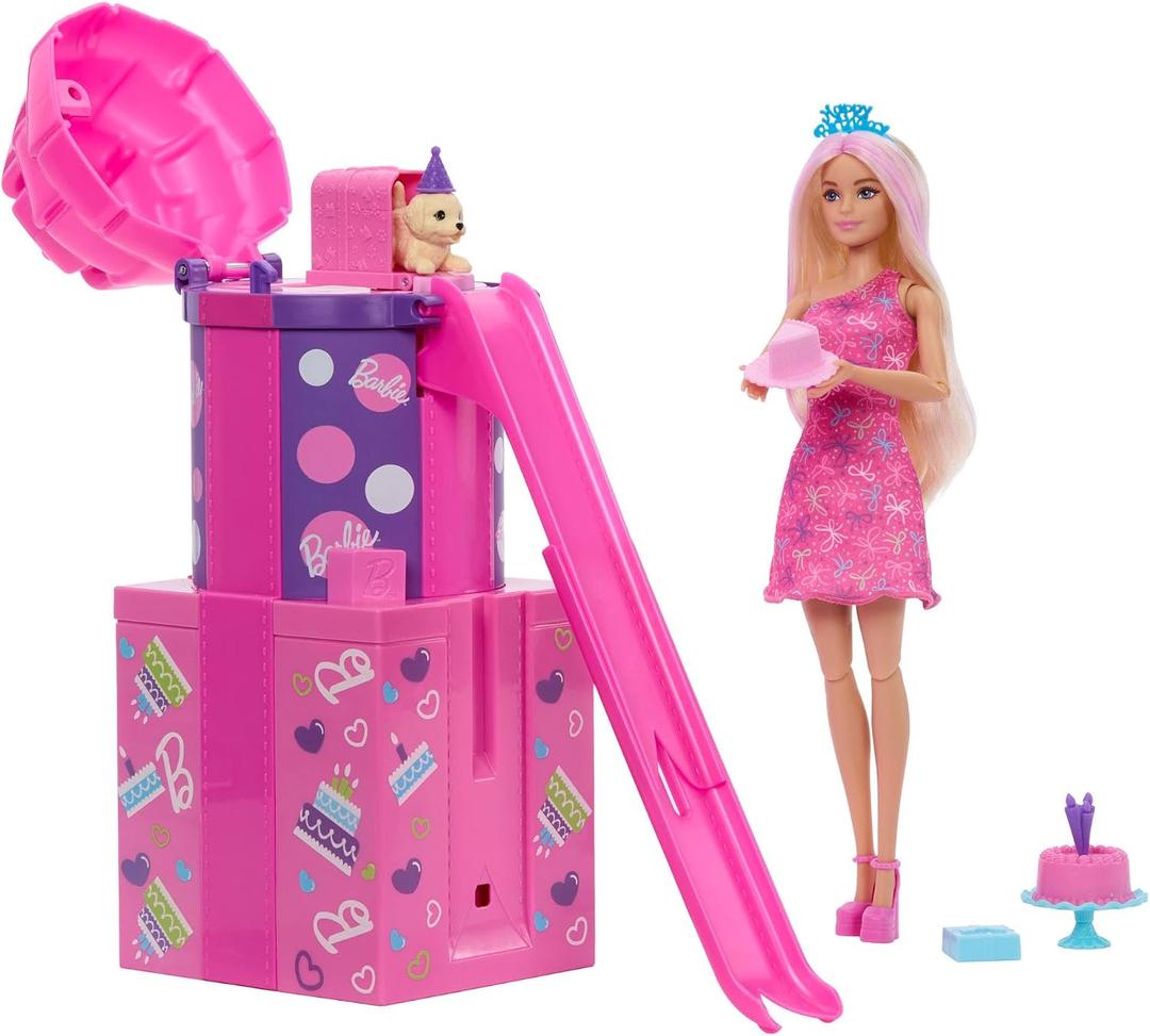 Barbie Rise & Surprise Doll & Accessories, Pet Birthday Series with 12 Surprises Including Slide & Color-Change Activity 