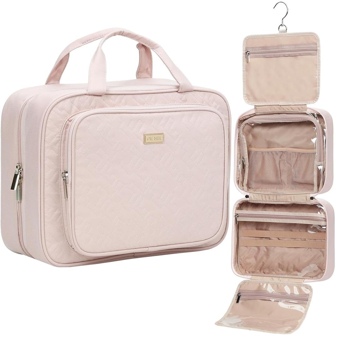 NISHEL Travel Toiletry Bag for Women Large Capacity, Makeup Essentials Organizer, Hanging Case for Accessories, Cosmetics, Pink (Front Pocket)