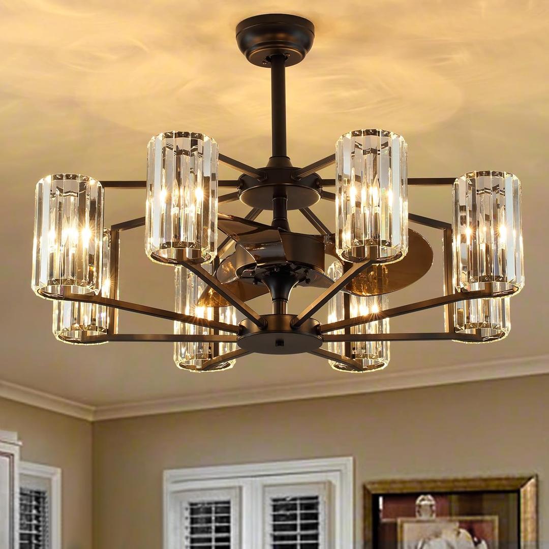 Moooni Crystal Chandelier Ceiling Fan Vintage Fandelier Luxury Caged Ceiling Fan with Light and Remote for Dining Room Living Room Bedroom Kitchen Farmhouse Entry, Black, Dia 34 inch, 8 Lights