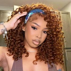 Aisaide Kinky Curly Headband Wig 12 Inch Highlighted Deep Curly Headband Wigs for Women Short Glueless No Lace Deep Curly Half Hair Wigs,12" Dark Brown with Copper Red Highlighted, 14 Inch, 14"Dark Brown with Copper Red Highlighted