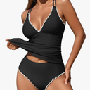 ZAFUL Womens Tankini Swimsuits V Neck Push Up Swim Top Color Block Tummy Control High Waisted Bathing Suits Swim Bottom (Size L)