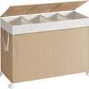 SONGMICS HOME Laundry Hamper with 4 Section, 180 L Large Rolling Laundry Basket with Wheels, Rattan Clothes Basket with Lid, Removable Liner with Handles, Natural Beige and Matte White ULCB603N01