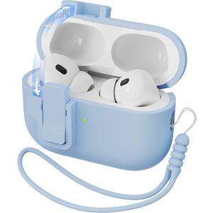 RFUNGUANGO for AirPods Pro 2 Case with Lock & Cleaning Kit, Lanyard, Soft Liquid Silicone Protective Cover for Apple AirPod Pro 2nd/1st Generation Case, Support Wireless Charging, Sky Blue