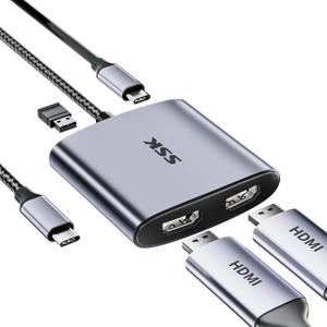 SSK USB C to Dual HDMI 4K/60Hz 4-in-1 Laptop Adapter for Multi-Monitors, 2 HDMI Ports, 100W PD, USB 2.0 - Compatible with MacBook, Lenovo, Dell, HP (Thunderbolt 3)