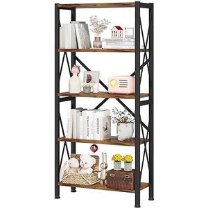 Homeiju 5-Tier Bookshelf,Wood Bookcase,Book Shelf with Steel Frame, Storage Rack with Open Shelves, Rustic Standing Bookshelves Ladder Shelf 110lbs/shelf for Bedroom,Living Room and Home Office