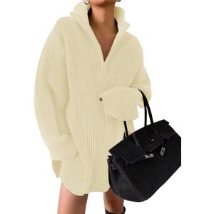 ZESICA Womens Fall Long Sleeve Sweater Dress Casual Quarter Zip Oversized V Neck Collared Knit Pullover Mini Dresses (Beige, L)