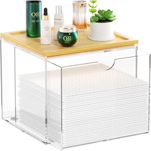 VITVITI Drawer Disposable Face Towel Holder Box, Acrylic Facial Towel Container for XL Clean Skin Club, Large Disposable Face Towels Storage with Bamboo Lid, for Bathroom, Vanity Makeup, Clear