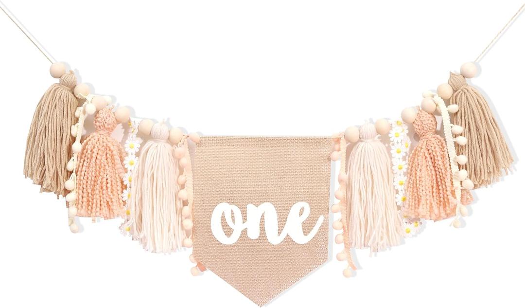 Yarn Tassel One High Chair Banner - Daisy Baby First Birthday Decorations, Cake Smash Shabby Chic Banner Photo Props, Vintage 1st Birthday Highchair Bunting, Holiday Home Wall Hanging Decorations