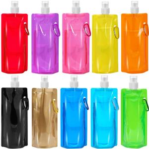 10 Pcs Collapsible Foldable Water Bottle 480ml, Leak Proof with Carabiner, BPA Free, Reusable Drinking Bags for Travel, Gym, Camping, Hiking
