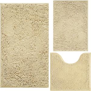 Bath Rugs Chenille 3-Piece Extra Soft and Absorbent Shag Beige Bathroom Rugs, Machine Wash Mat, Strong PVC Non-Slip Underside, Plush Carpet Mats (Beige)