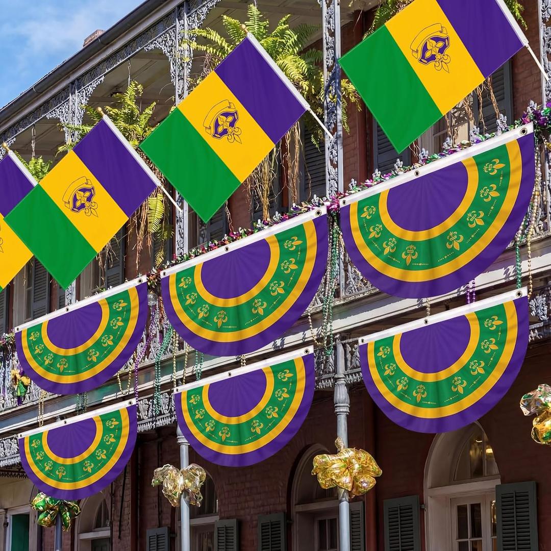 10 Pcs Mardi Gras Flag Bunting Set 4 59 x 35 Mardi Gras Flag 6 33 x 19 Bunting Happy Carnival Decoration Canvas Header and Double Stitched Fat Tuesday Flags Polyester with Brass Grommets