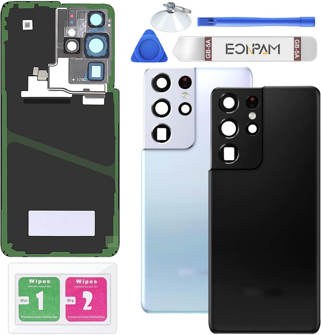 Back Glass Replacement for Samsung Galaxy S21 Ultra 5G SM-G998 Back Cover Rear Housing with Camera Lens + Repair Tool Kit Genuine Rear Glass (Black) | Original quality back glass replacement rear glass battery cover back cover replacement with camera lens repair kit.