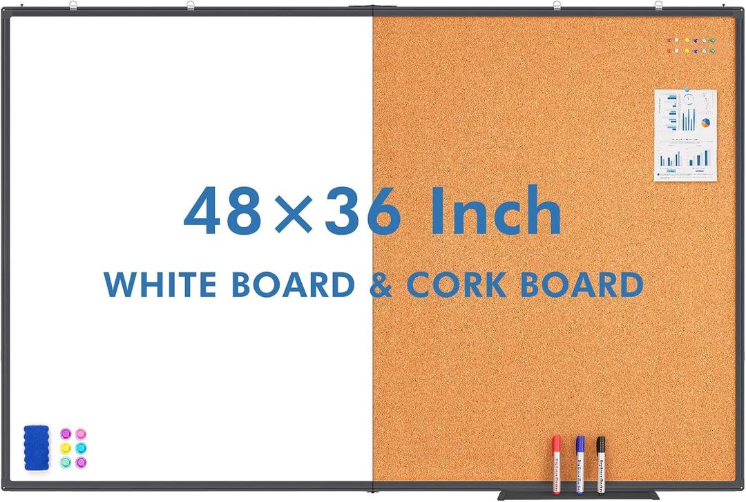 Magnetic White & Cork Board Combo 48" x 36" Aluminum Frame Black