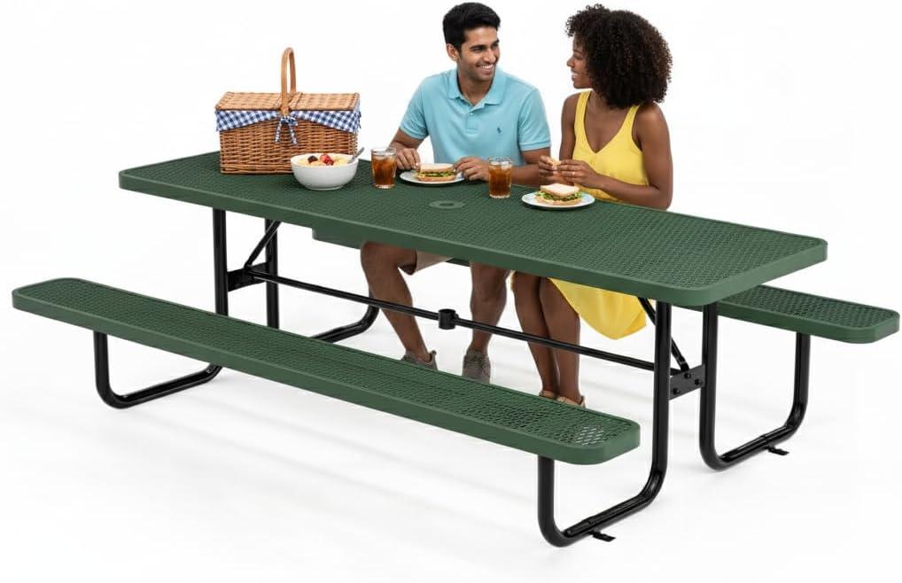 Commercial Heavy-Duty Metal Picnic Table - ADA Compliant, Adjustable Seats, Umbrella Hole, Expanded Metal (Green, 8' Rectangular)