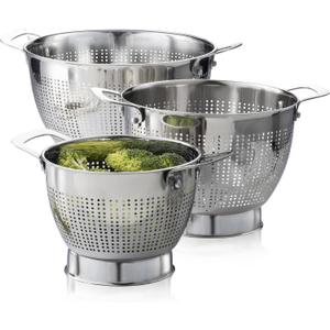 YH-Goods Stainless Steel Colander - 3-Piece Kitchen Sink Strainer Set for Pasta, Rice, Fruit, Food - Stackable Strainers and Colanders, (5-Quart, 3-Quart, and 1.5-Quart)