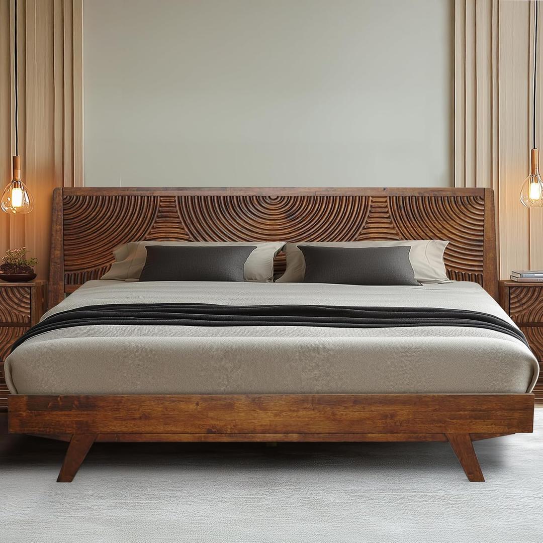 Acacia Harmony King Platform Bed Frame  Solid Rubber Wood, Walnut Finish, Mid-Century Modern Design, Natural Circular Wood Grain, 800lbs Support, No Box Spring Required, Easy Assembly