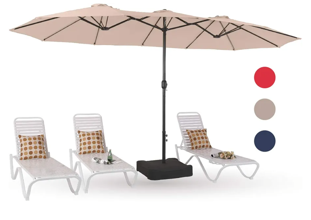 PHI VILLA 15ft Large Patio Umbrellas with Base Included, Outdoor Double-Sided Rectangle Big Market Umbrella with Stand, Outside Umbrellas for Poolside Lawn Backyard, Beige