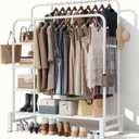 Clothes Rack for Hanging Clothes, Double Rods Clothing Rack with 3 Tier Storage Shelves, Multifunctional Heavy Duty Clothes Rack with Hooks for Bedroom, Laundry, Wardrobe Closet, White