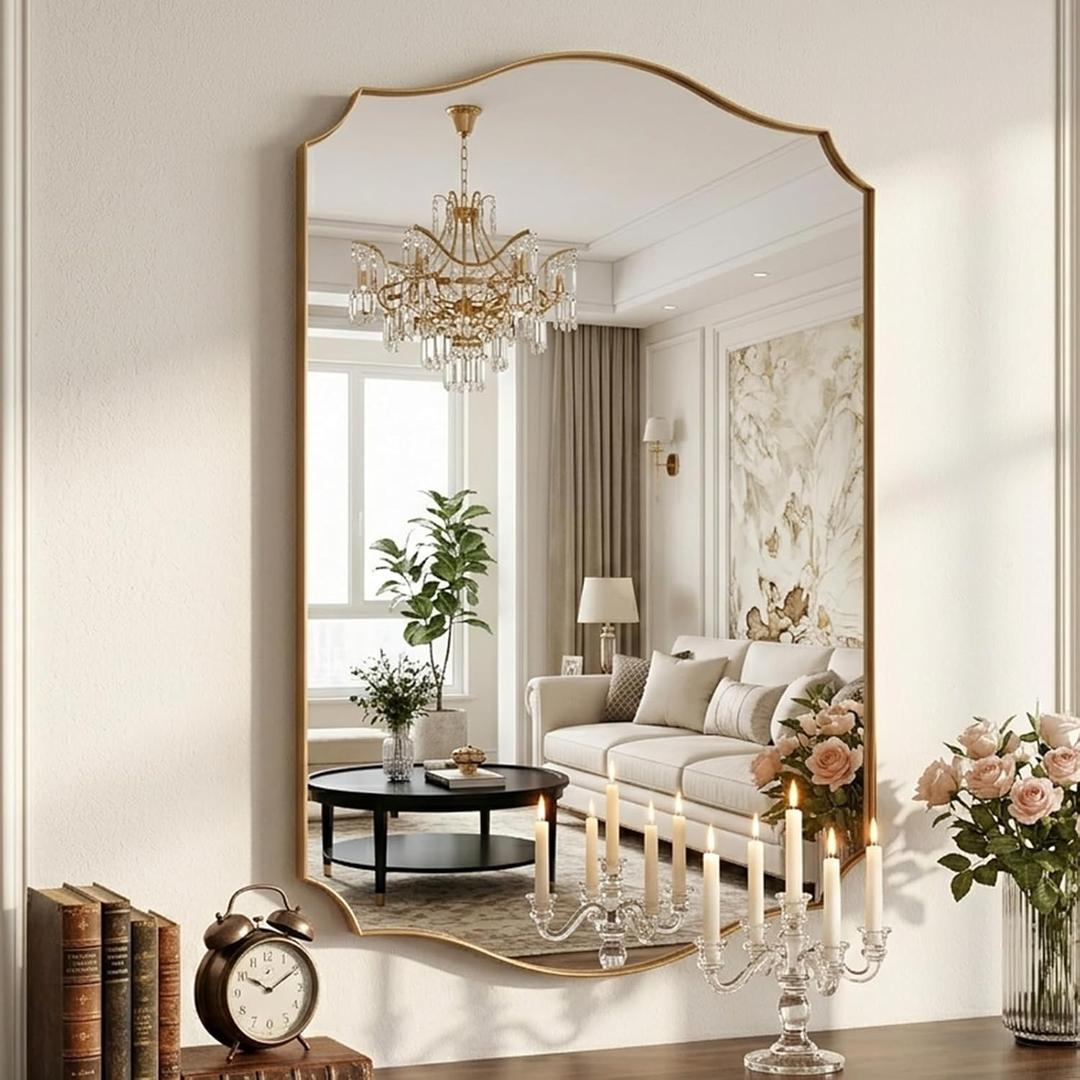 Gold Vanity Wall Mirror 39"x29", Scalloped Edge Bathroom Mirror | Rust-Proof Metal Frame, Hangs Vertically/Horizontally, Decorative Bathroom Mirror, For Vanity, Bedroom & Entryway