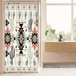 Newsely Small Stall Rv Western Aztec Cactus Shower Curtain 36Wx72H Inch Camper Southwest Boho Geometric Ethnic Shower Curtain Bathroom Set African Waterproof Bath Decoration Accessories Home Decor (A-01green Black)