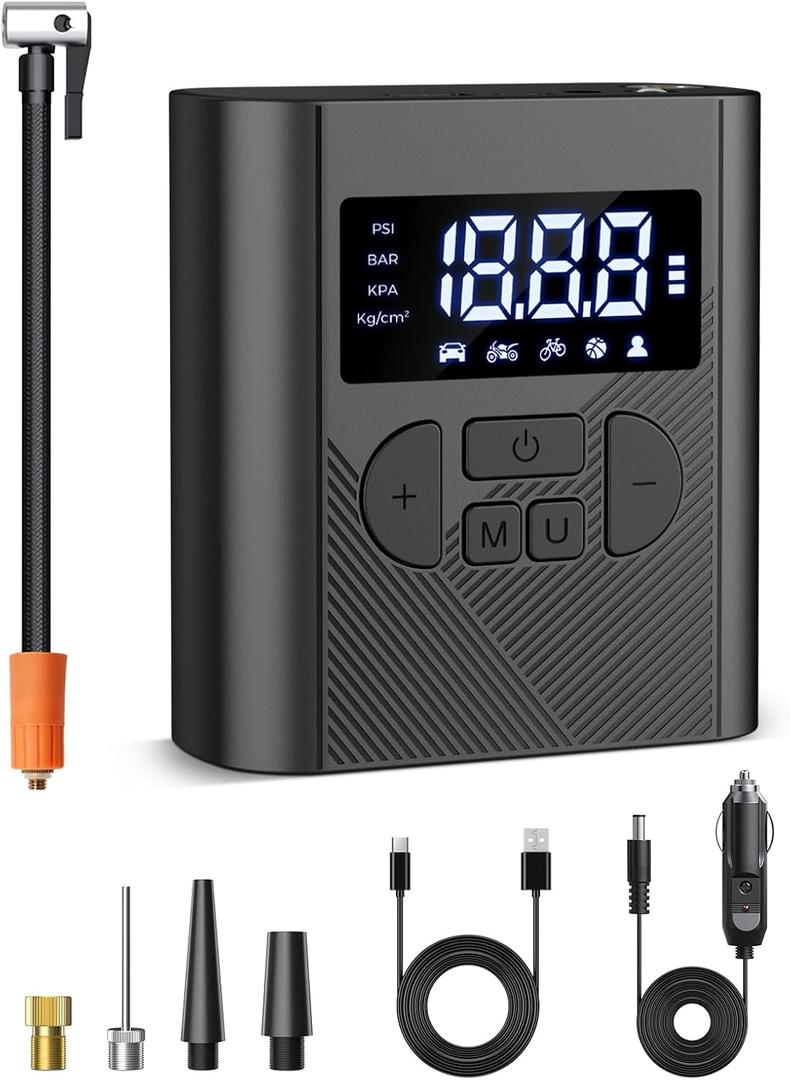 Tire Inflator Portable Air Compressor, 150PSI Cordless Air Pump for Car Tires, Electric Bike Tire Pump with LCD Digital Pressure Gauge LED Light for Car, Bicycle, Motorcycle, Balls