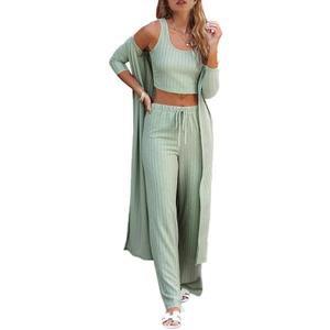Fessceruna Womens 3 Piece Lounge Sets Pajamas Knit Long Sleeve Cardigan Crop Top Wide Leg Pants Loungewear Set (X-Large, A-light Green)