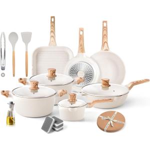 Caannasweis 20Pcs Cookware Sets, Nonstick Pots and Pans Set, Granite Induction Cookware, Non Stick Kitchen Cooking Set, Grayish White Grill Pan Set, PFOS PFOA Free