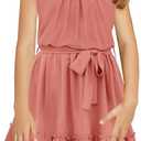 Newffr Girl's Halter Neck Sleeveless Summer Dress Tie Waist A-line Sundress Mini Swing Pleated Dress for Girls 11-12 Years, Pink