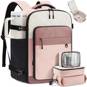LOVEVOOK Travel Backpack for Women & Men, 40L Large Airline Approved Carry on Backpack for Travel, TSA Personal Item Travel Bag with 3 Packing Cubes, Waterproof Travel Essentials Bag fits 17" Laptop (Pink & White)