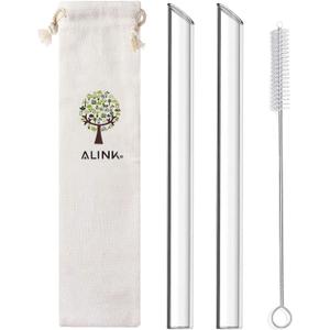 ALINK Reusable Glass Boba Straws, 14mm Extra Wide Clear Straws for Smoothies, Bubble Tea, Pack of 2 with Carrying Case and Cleaning Brush