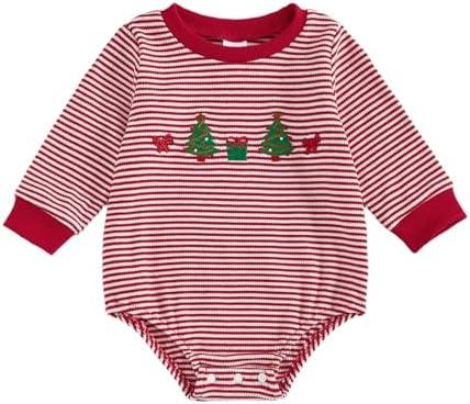 ZAXARRA Baby Christmas Sweatshirt Romper Striped Waffle Knit Jumpsuit Christmas Tree Embroidery Cute Boy Girl Holiday Outfit 3-6M