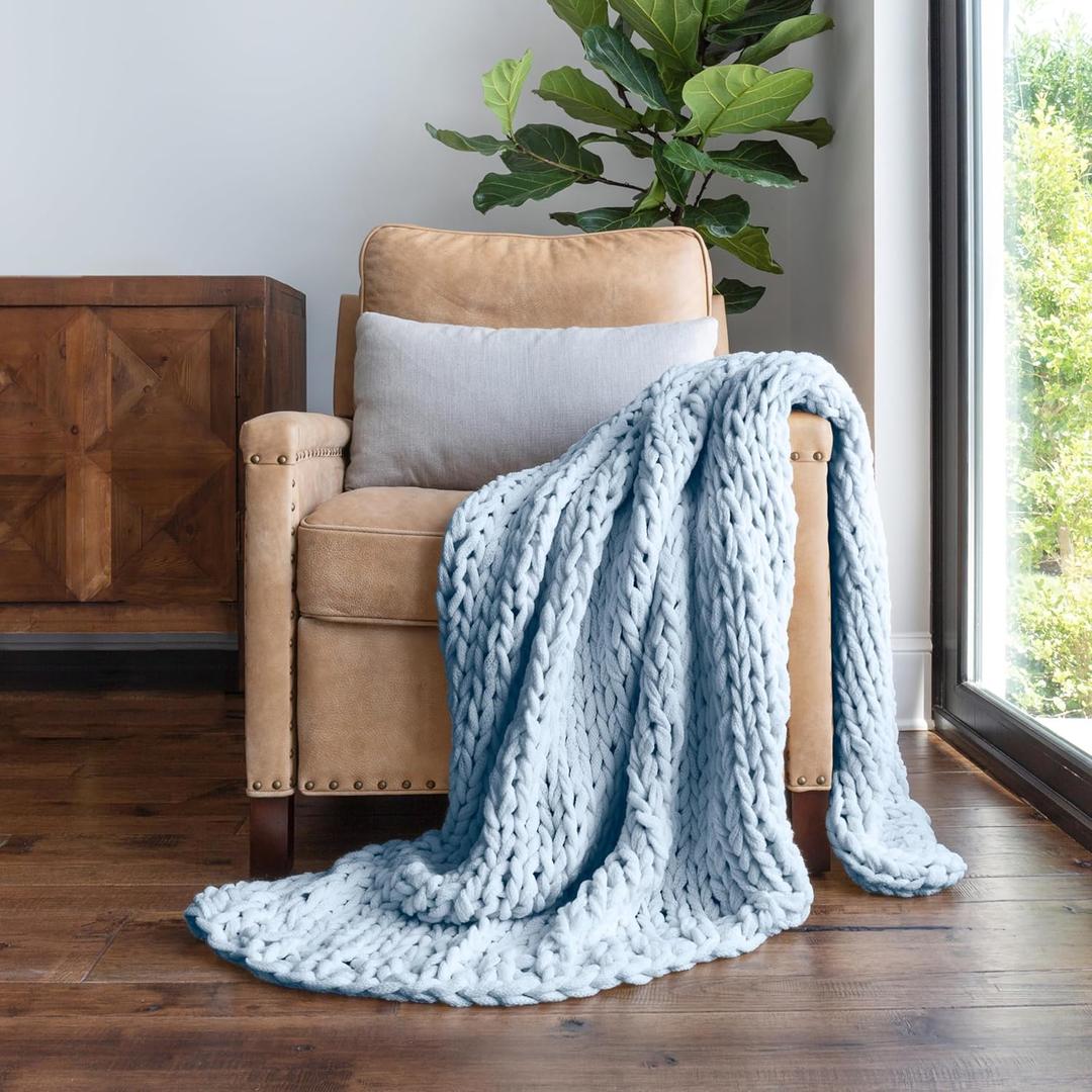 Linen Market Beddings Oversized Chunky Knit Throw Blanket-100% Ultra-Soft Acrylic Hypoallergenic - 47'' x 59'' Cozy Home Accent for Snuggling, Lounging, and Stylish Dcor (Light Blue) (Light Blue)