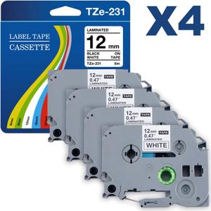 TZc-231 12mm 0.47 Laminated White Label Relpacement for Brother Label Maker Tape P-Touch Label Tape Compatible with PT-D210 PT-H110 PT-D220 PT-D400 D410 D600 (4 Pack)