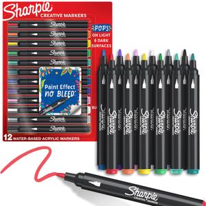 Sharpie Creative Markers, Water-Based Acrylic, Bullet Tip, Assorted Colors, 12 Count,  Arts & Crafts, Kids Activity, School Classroom; Works on Paper, Metal, Wood, Ceramic, Glass, Rock, Canvas