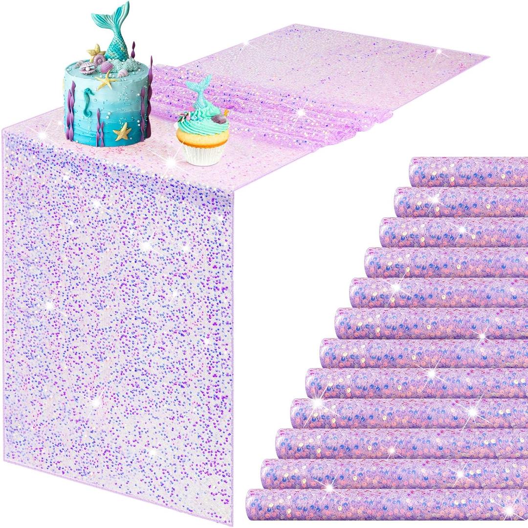 12 Pcs Iridescent Sequin Table Runner 12 x 72 Inch Mermaid Table Runner Glitter Sequin Sparkly Desk Cover for Wedding Birthday Party Ceremony Supplies Decor (Purple)